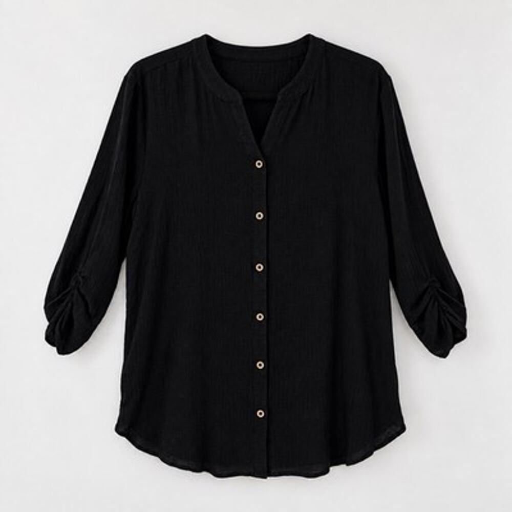 Susan Graver Cotton Gauze Button Up Shirt Large Ruched 3/4 Sleeve Black Casual